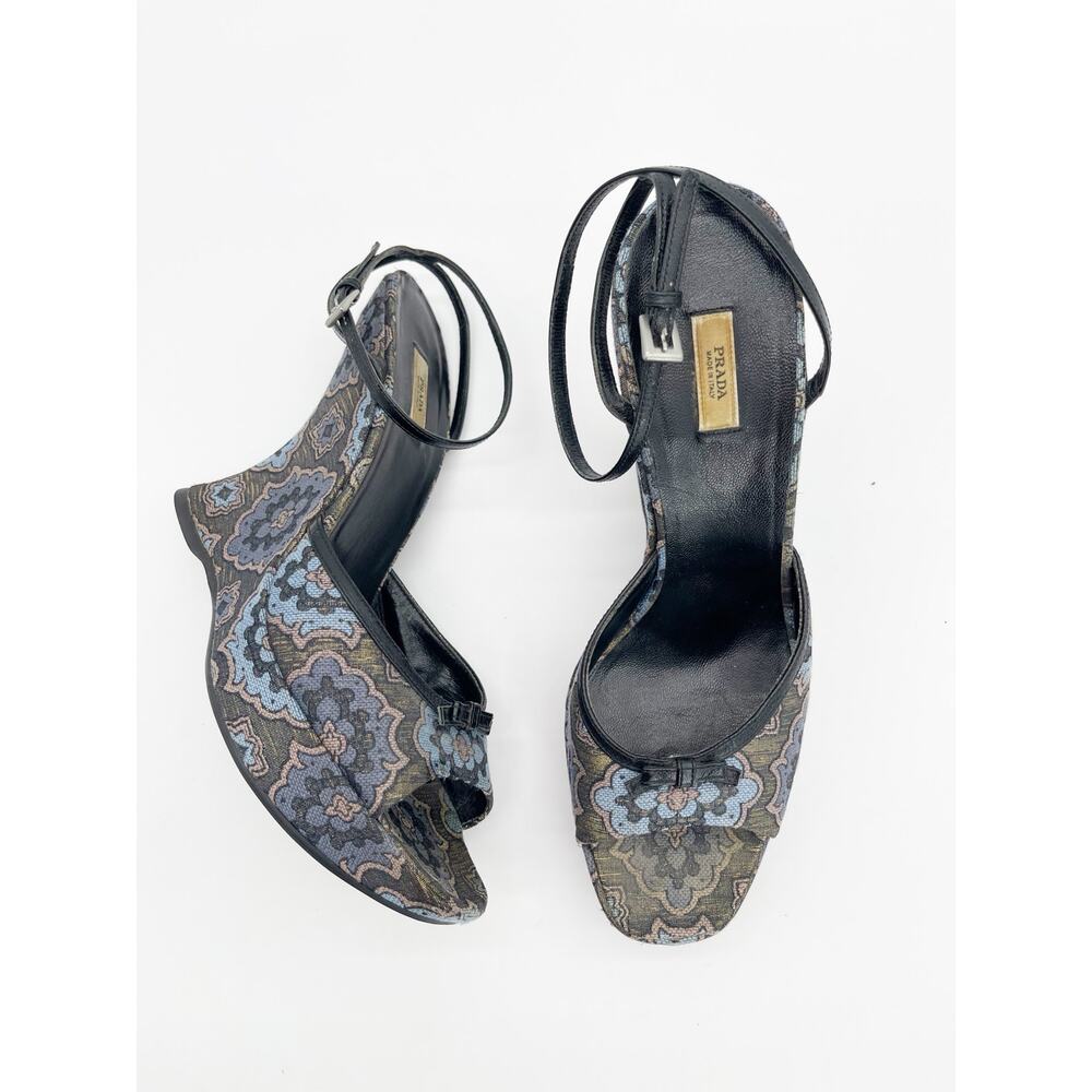 Prada Retro Y2K Blue Metallic Brocade Lurex Bow Sculptural Wedge Sandals IT 40